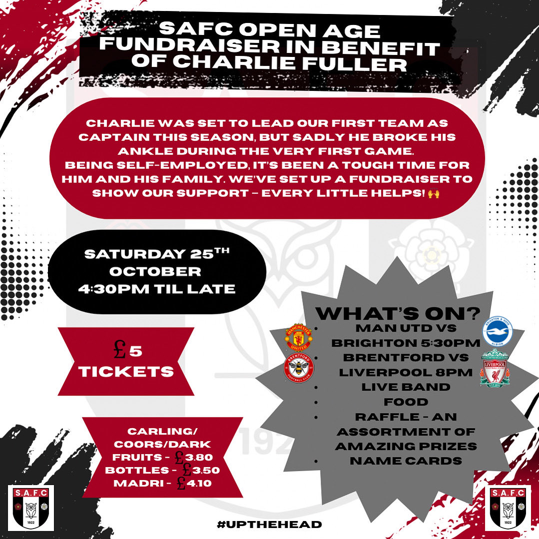 SpringheadAFC's tweet image. On Saturday the 25th of October we are hosting a fundraiser for Charlie Fuller. Charlie was set to lead our first team as captain this season, but sadly he broke his ankle during the very first game of the season. Being self-employed it’s been a tough time for him and his family.…
