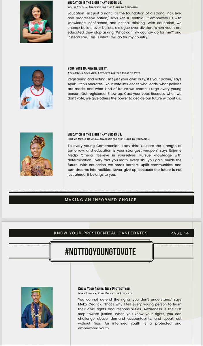 mddtcameroon's tweet image. 🇨🇲 This is it, Cameroon!

Our future is on the line this Sunday.

📖 Read this to KNOW your presidential candidates.
🗳️ COLLECT your voter card.
✌️ VOTE in peace.

Your power is in your hand.

#NotTooYoungToVote #MaVoteNaPawa

[mddtcameroon.org/publications/c…]