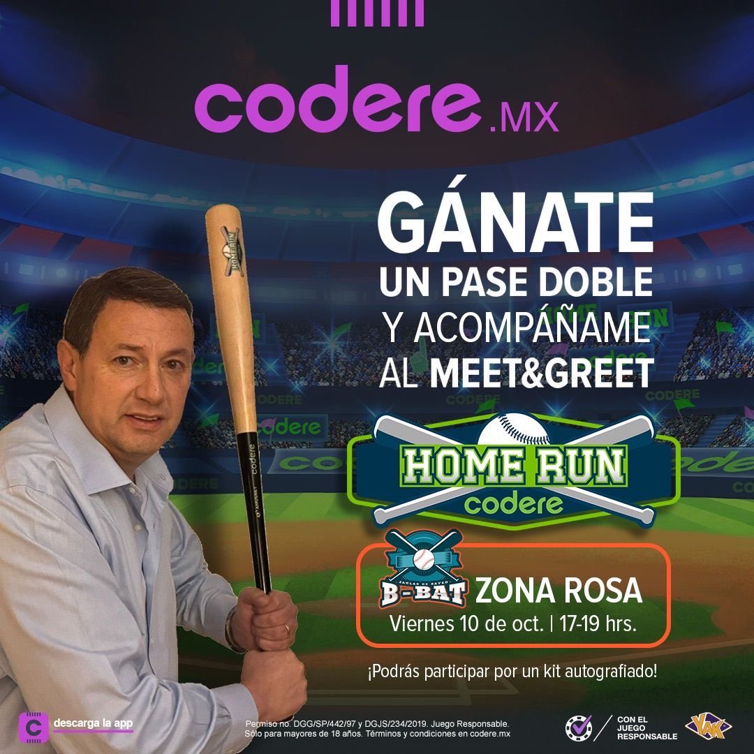 El viernes estaré en unas jaulas de bateo practicando mi swing. Y me gustaría que me acompañen!!!  

GÁNATE 1 DE LOS 3 PASES DOBLES!!!

Solo:
✅ Sigue a <a href="/CodereMX/">Codere.mx</a>
💚 Dale like y RT
🤓 Usa el #HomeRunCodere y dime con qué canción saldrías a batear!