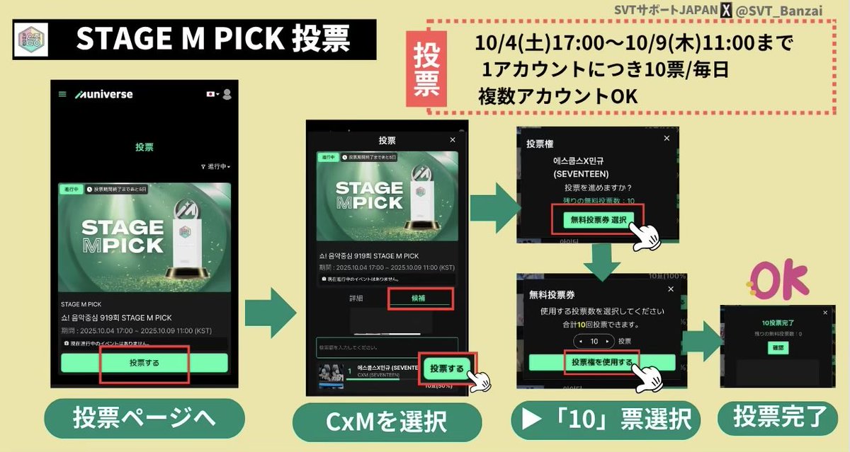 SVT_Banzai's tweet photo. 📢拡散希望
🚨本日最終日🚨朝10:59まで🚨
【音楽中心 STAGE M PICK】投票
📅～10/9(木)10:59まで⚠️
投票お願いします‼️

🔗 https://t.co/XpgPxPOEN1
🗳1アカウントにつき10票/1日
⭕️Google/facebook/Kakao/LINE/NAVER/Xで登録
⭕️複数アカウントで投票可
📍#CxM 現在1位
🚨まだまだ僅差です
登録のみですぐに投票できます‼️
本日だけでも投票OK🙆‍♀️
🔴投票100%で決定
🔴広告視聴、ハート貯める必要なく無料で出来る投票です
🔴 このSTAGE M PICK投票の結果は、10月18日(土)の音楽中心の番組放送内で発表されます🏆
⚠️終了間際は繋がりにくいこともありますので、計画的に投票を

#에스쿱스X민규 
#HYPE_VIBES
#543_Prettywoman
@pledis_17 @pledis_17jp
