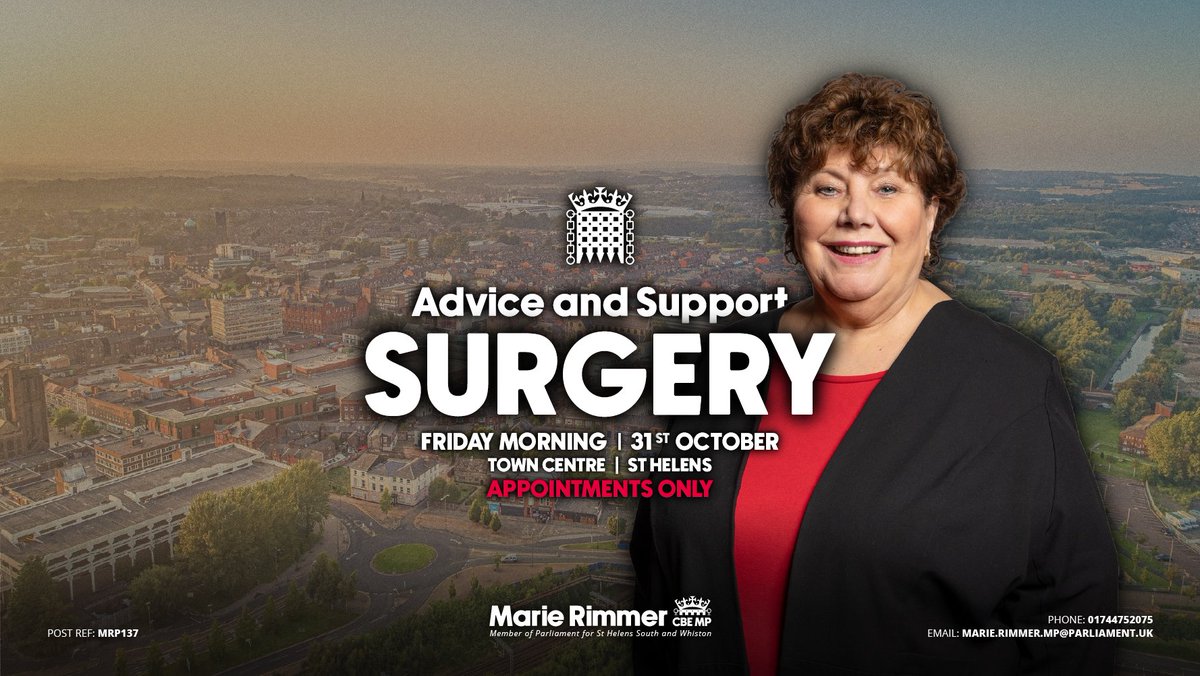 Space is available at the next advice and support surgery with myself and my team.

These surgeries are for those facing personal issues that they feel like I can assist with.

You can enquire via email at marie.rimmer.mp@parliament.uk or via this link: forms.gle/JCgb84n7TM48R6…