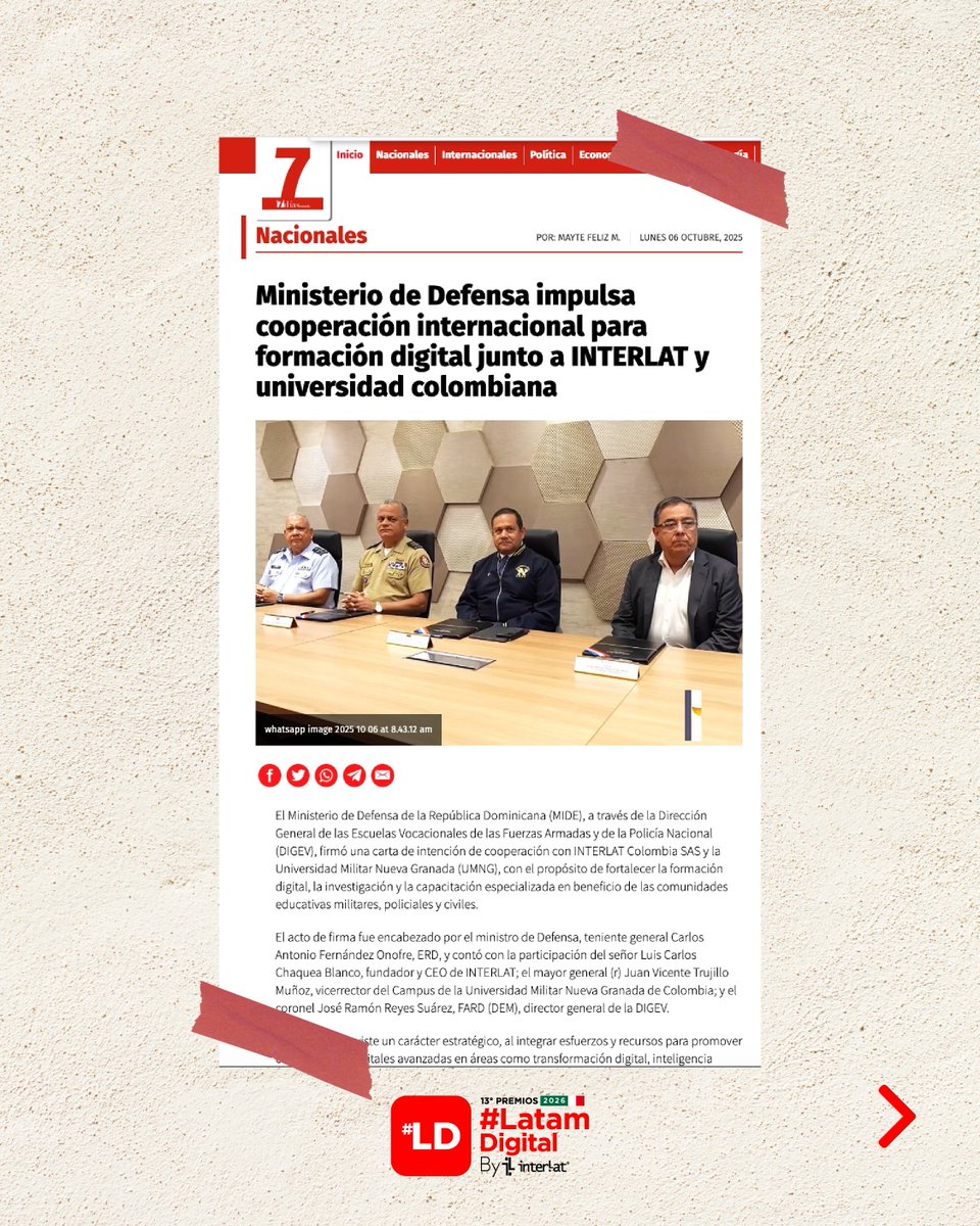 _LatamDigital's tweet image. Este acuerdo impulsa la formación digital, la investigación y la capacitación especializada en beneficio de las comunidades educativas, militares, policiales y civiles, fortaleciendo el compromiso del @MDefensaRD con el fortalecimiento de las @DigevRD elnuevodiario.com.do/mide-impulsa-c…