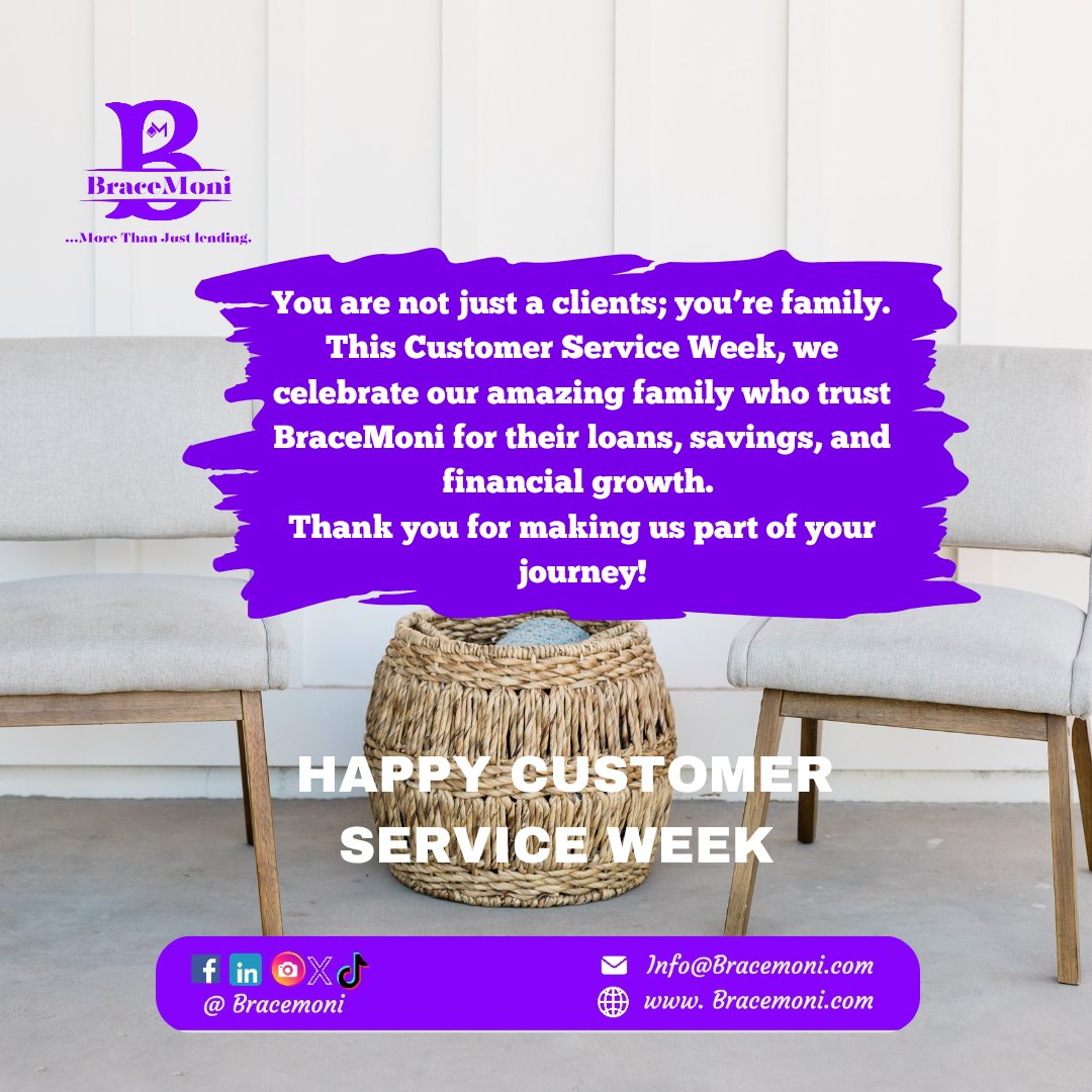 BraceMoni's tweet photo. You are not just a client; you’re family. 

This Customer Service Week, we celebrate our amazing Family who trust BraceMoni for their loans, savings, and financial growth.

 Thank you for making us part of your journey!

#BraceMoni #CustomerServiceWeek #fyp #LoanSolutions https://t.co/MElWLjOD2F