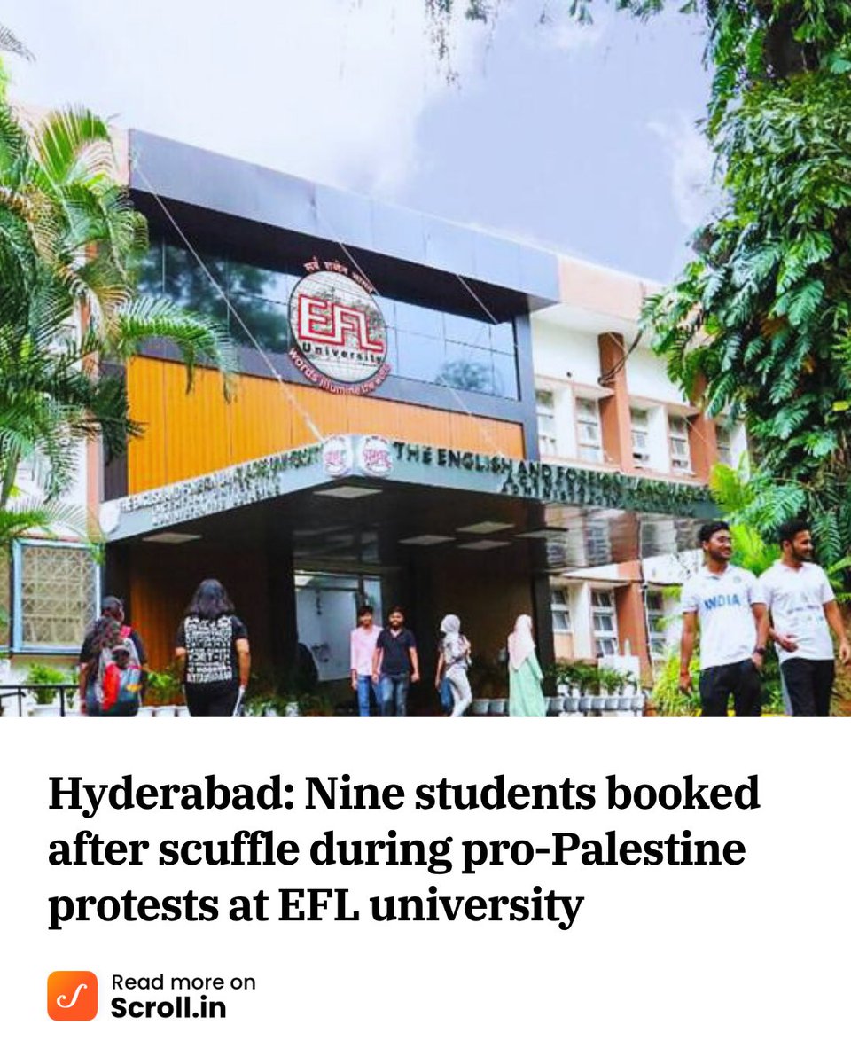 scroll_in's tweet photo. #Hyderabad | The student union accused the police officers of using “excessive force, with male officers manhandling female student leaders, using derogatory language, and threatening individuals with FIRs”.

Read more: https://t.co/W0CcHk4sSA

#EFLUniversity #propalestineprotest https://t.co/DG9dWc6b2t