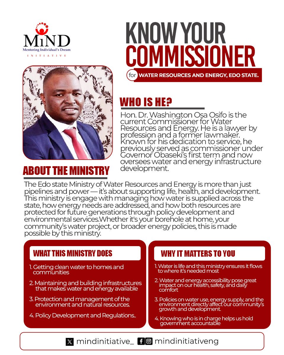 #KnowYourCommissioner Series:
As part of our effort to promote transparency and civic awareness, we continue spotlighting members of the Edo State Executive Council.
Citizens deserve to know those entrusted with public responsibility and the mandates they oversee.