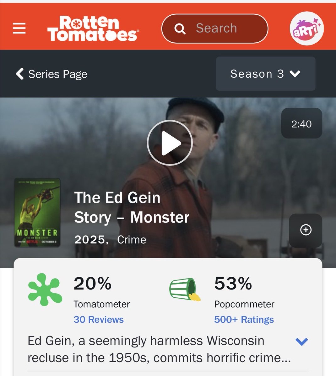 Just saw Rotten Tomatoes rating for The Ed Gein Story – Monster … and the hell? I’m not gonna watch it now 😣