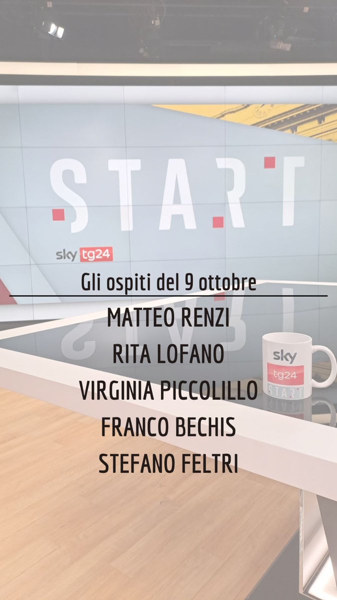 Domani a #Start saremo con il leader di Italia Viva <a href="/matteorenzi/">Matteo Renzi</a> e poi con <a href="/kirbyrita/">Rita Lofano</a>, <a href="/vpiccolillo/">virginia piccolillo</a>, <a href="/FrancoBechis/">Franco Bechis</a> e <a href="/StefanoFeltri/">Stefano Feltri</a>. Come sempre in onda dalle 9:30 su <a href="/SkyTG24/">Sky tg24</a>. Vi aspetto!