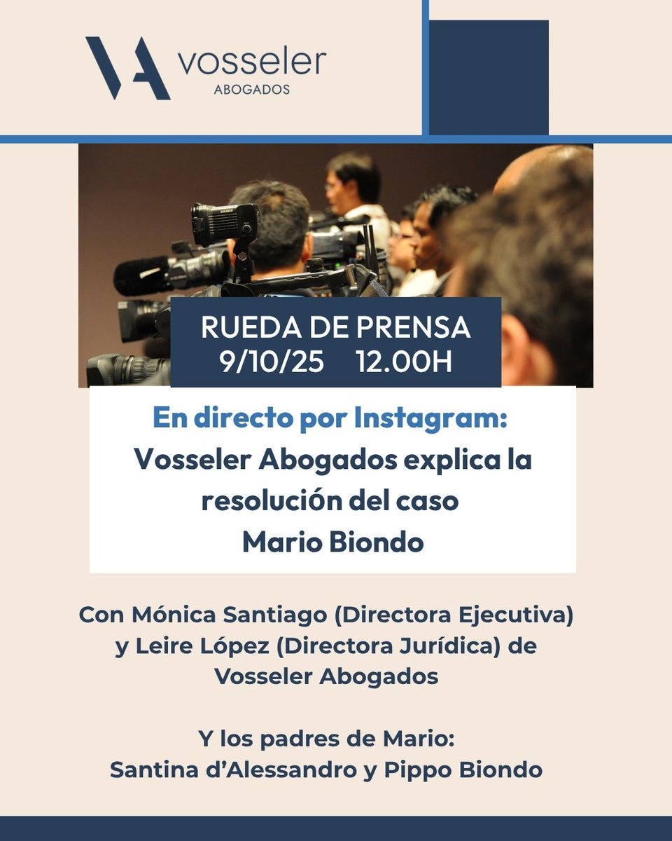 Vosseler Abogados convoca a los medios a una comparecencia para exponer la resolución del Caso Mario Biondo.