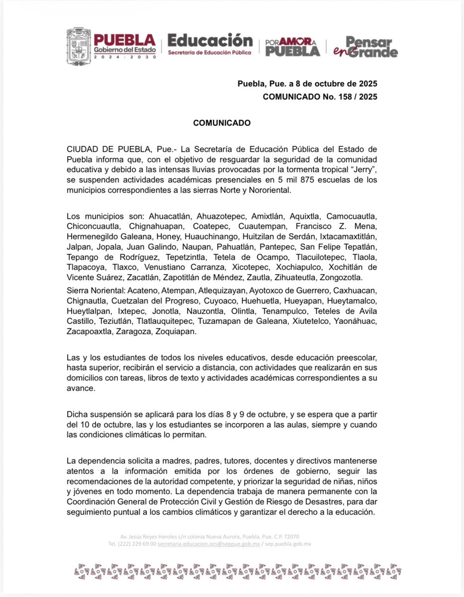 envivo_Mx's tweet photo. #LoUltimo Suspende la @SEPGobPue clases presenciales en más de cinco mil escuelas de la Sierra Norte y Nororiental, a causa de las lluvias que ha dejado la tormenta tropical Jerry https://t.co/MguXpwU94l