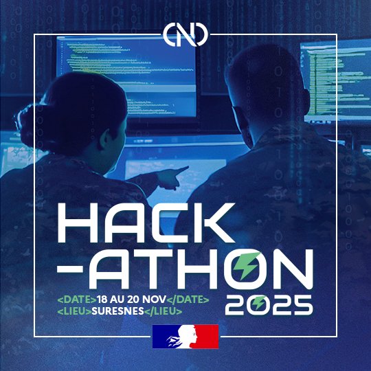 ComNumDef's tweet image. 📆 Rendez-vous du 18 au 20 novembre pour suivre sur nos réseaux sociaux la première phase du challenge Hackathon CND dédié à l'intelligence artificielle !
▶️ Pour plus d'informations : defense.gouv.fr/cnd/actualites…