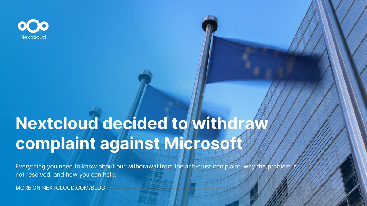 Nextclouders's tweet image. After 4 years without  action, we withdraw our EU complaint against Microsoft.

But: vendor lock-in and #BigTech gatekeeping still limits user choice.

We’ll keep building a proven, truly digitally sovereign workplace!

Read more👇

nextcloud.com/blog/nextcloud…