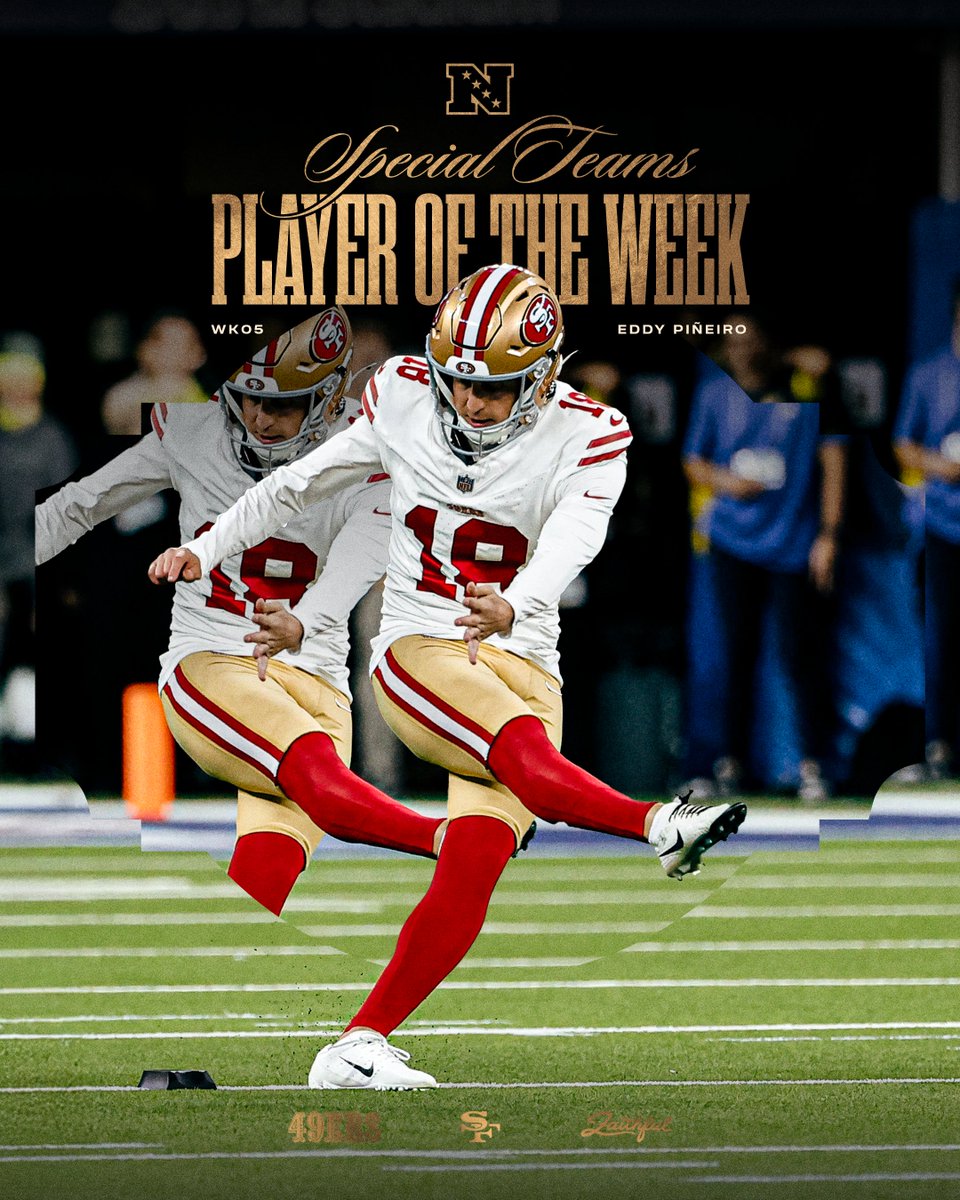 49ers's tweet image. He&apos;s been straight 💰

Your NFC Special Teams Player of the Week: 49rs.co/4mR55Ix