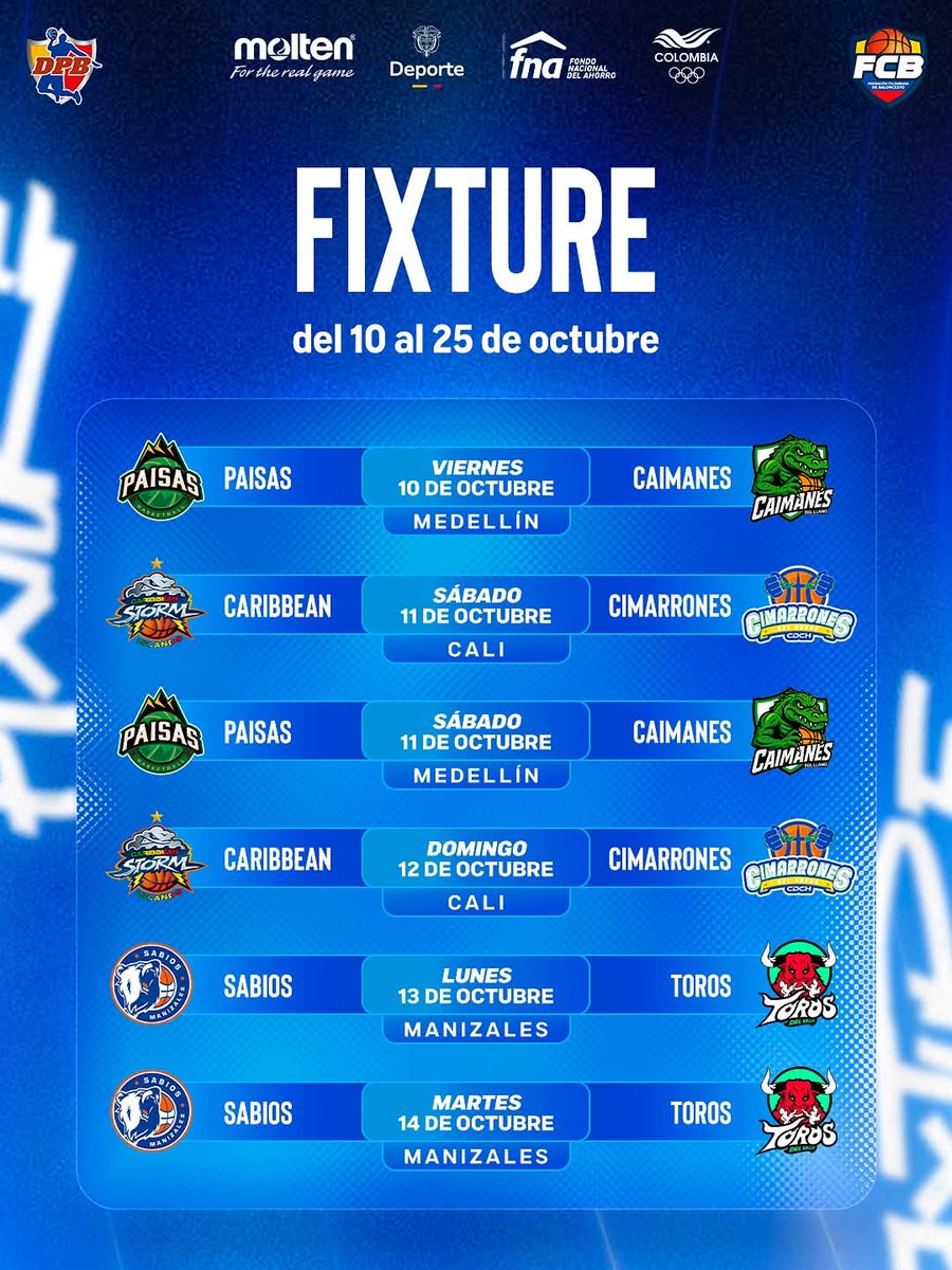 Sabiosbc's tweet image. 📅💥 ¡YA ESTÁ AQUÍ EL FIXTURE 2025-2! 💥
Los Sabios de Caldas se preparan para dejarlo TODO en la cancha 🏀 vibra con cada partido, cada canasta y cada emoción 🙌

🔥 Próxima cita: Lunes 13 y Martes 14 de octubre – 5:20 PM
📍 Coliseo Mayor Jorge Arango Uribe
🆚 Toros del Valle