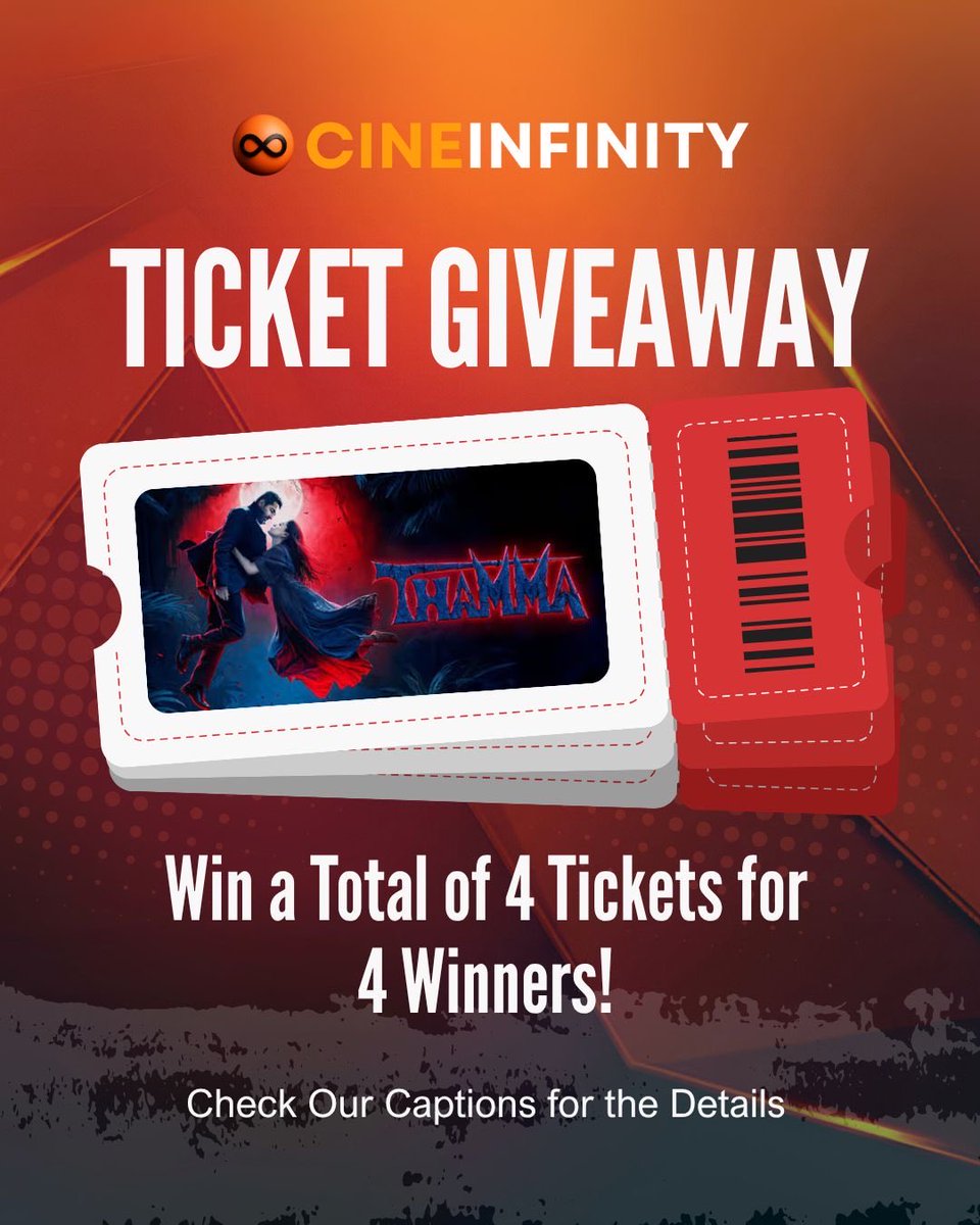 #Thamma and #EkDeewanekiDeewaniyat free tickets giveaway!! 🎟️
Win FREE tickets to watch mentioned films! 

Eligibility: 
-Tweet with ‘follow <a href="/cine_infinity/">CINEINFINITY</a>’ ! 

-RT, like &amp; follow <a href="/cine_infinity/">CINEINFINITY</a> page! 

10 lucky winners will be getting free movie tickets a day prior to the film