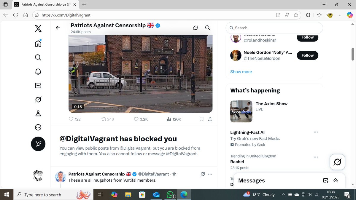 MaySting1's tweet photo. Oh the irony!
I've been blocked by, 'Patriots against censorship', a proud member of the Free Speech Union because I asked him when he was next protesting against Israel's refusal to allow reporters into Gaza. https://t.co/uxDrnS6hpm