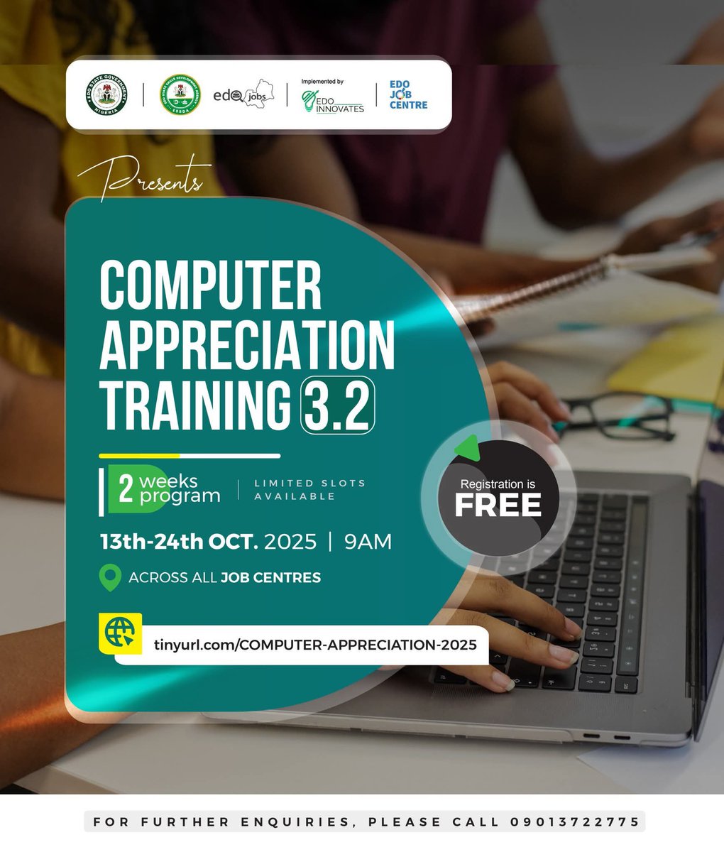 EdoHub's tweet image. We are pleased to announce Computer Appreciation Training 3.2, a FREE 2-weeks program aimed at equipping participants with essential computer skills.

🔗 Register here: tinyurl.com/COMPUTER-APPRE…

For enquiries, please call: 09013722775

#essda
#edojobs
#TechSkills 
#DigitalLiteracy