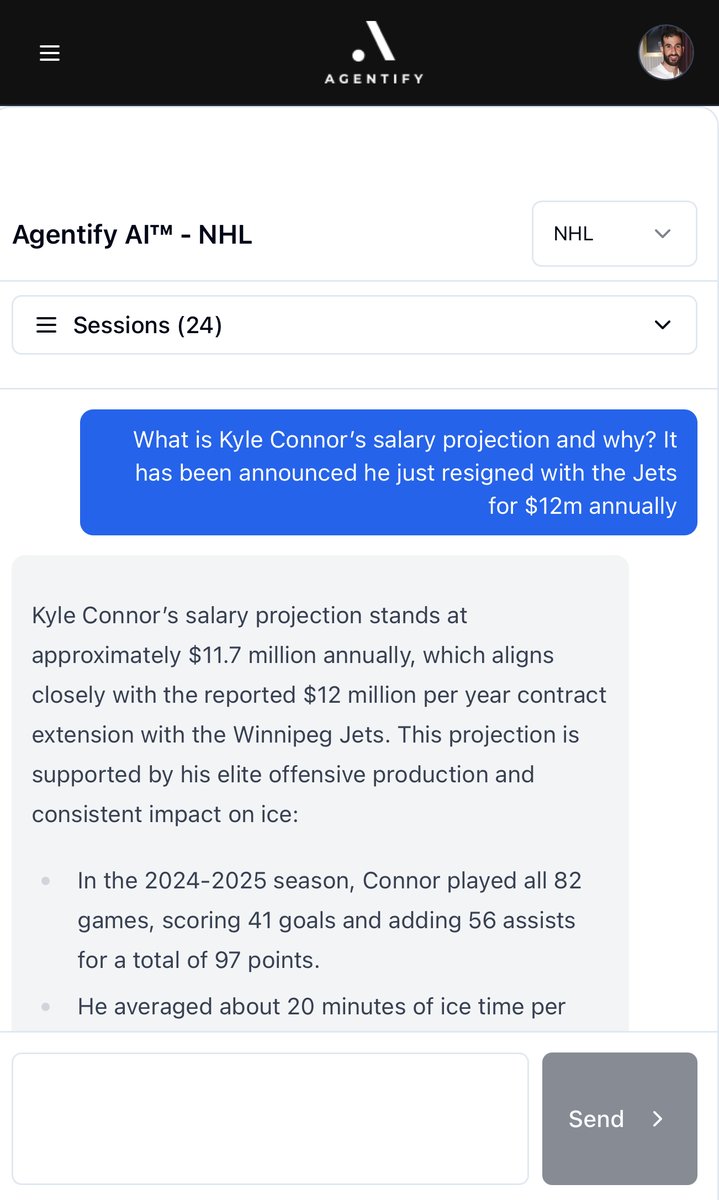 AgentifyAI's tweet image. Kyle Connor - Real-time salary market value analysis by Agentify AI™

• Current Compensation: $7,142,857
• Agentify WageIQ™: $11,704,900
• New Deal: $12,000,000

Kyle Connor’s Agentify WageIQ™ stands at approximately $11.7 million annually, which aligns closely with the…