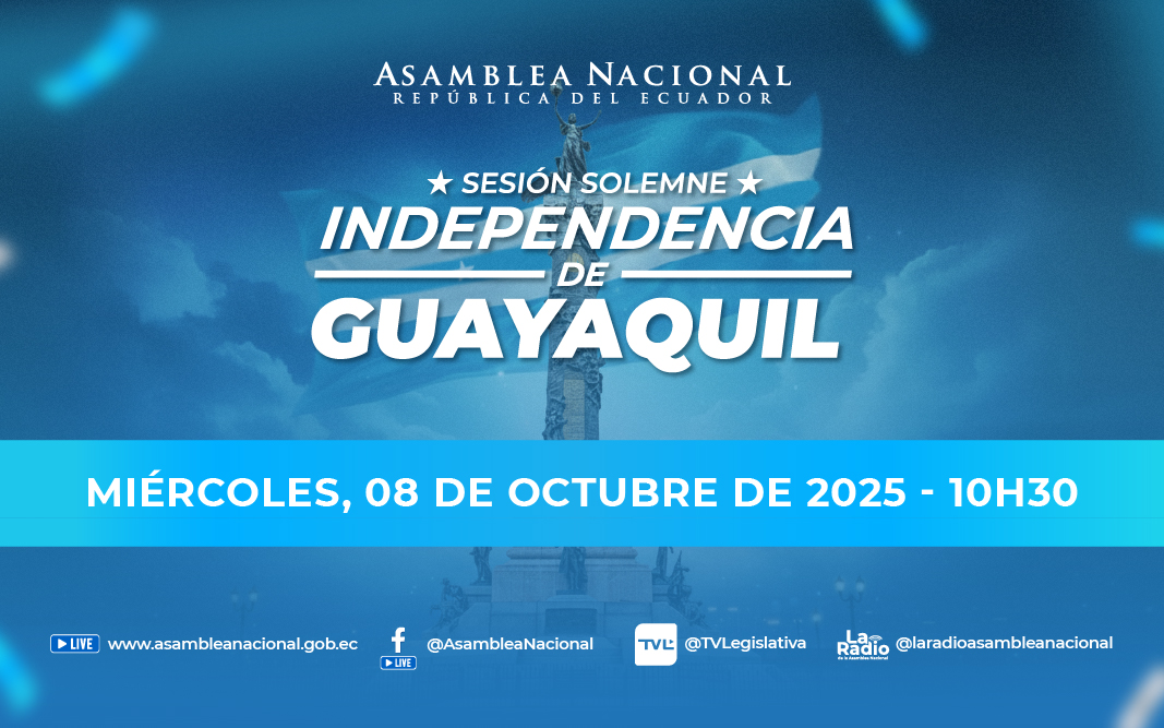 En 1820, #Guayaquil se liberó del poder colonial. La #AsambleaEc2025 rinde homenaje a los 205 años de #IndependenciaDeGuayaquil, con una #SesiónSolemne #EnTerritorio. 

Sigue su desarrollo por los canales oficiales: 
▶️facebook.com/watch/live/?re…
▶️youtube.com/watch?v=CySNQ8…