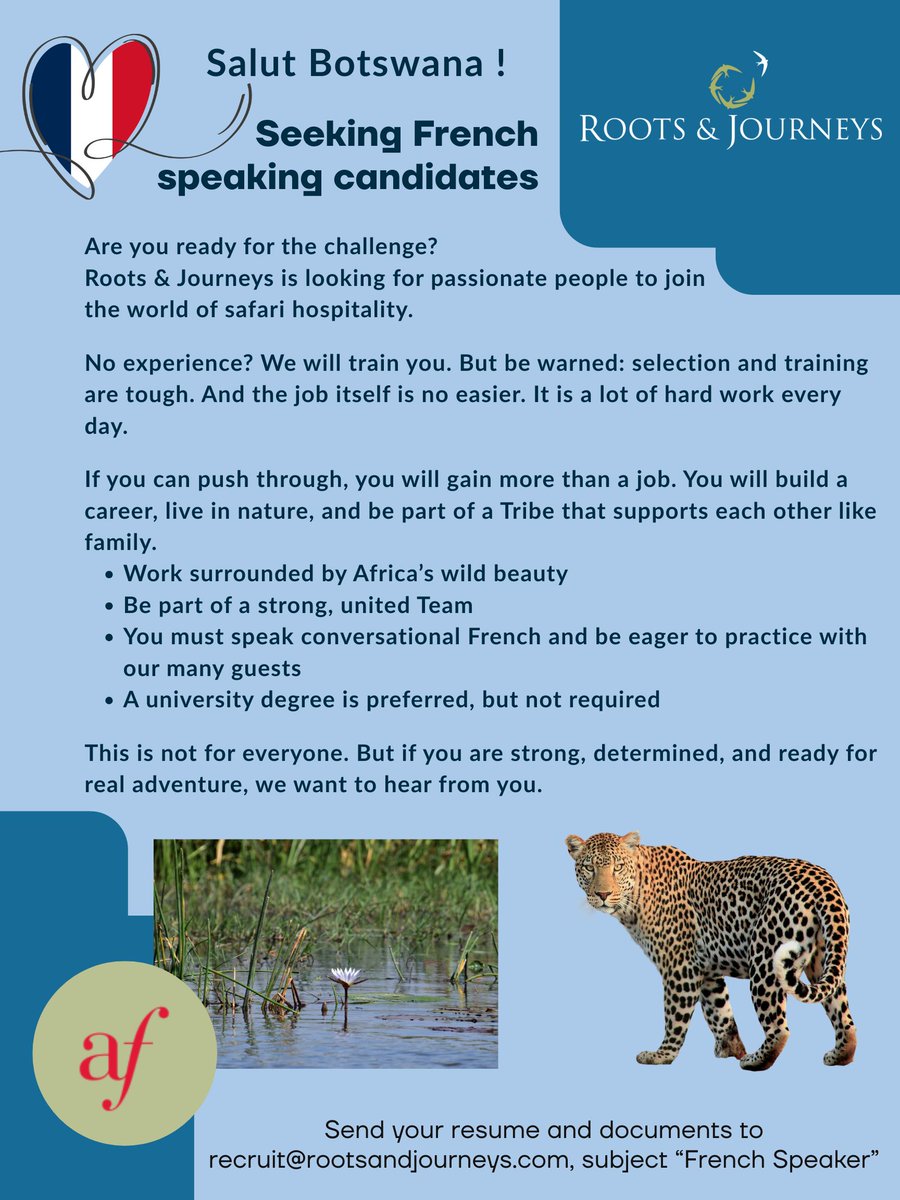 Do you speak French? Roots and Journeys is looking for YOU!

📩 Send your resume and supporting documents to:
recruit@rootsandjourneys.com

Subject: French Speaker

✨ A passion for travel, people, and languages is a plus!

 For more info, contact them via the email above.