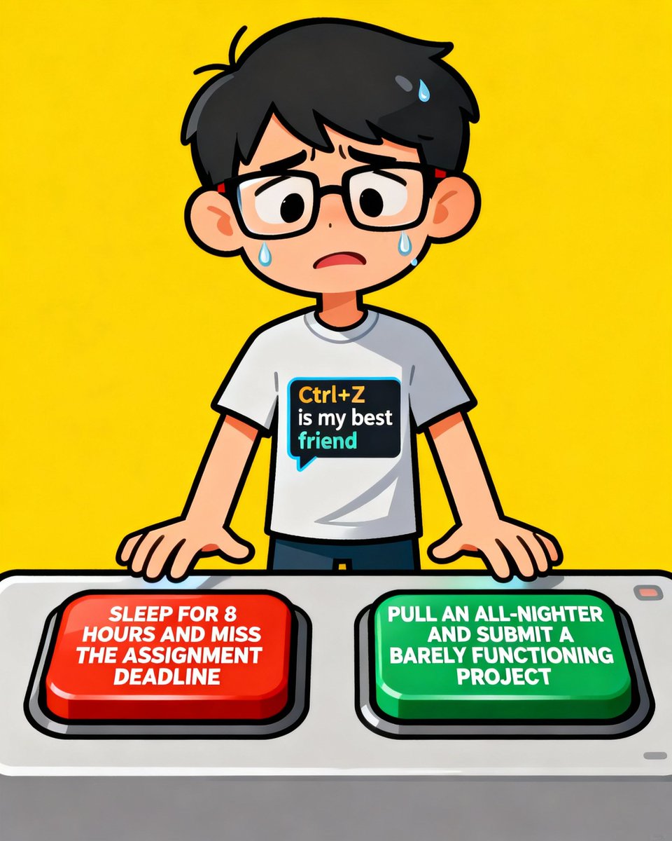 keyracerin's tweet image. The hardest choice in engineering 💀
🔴 Sleep 8 hours → Miss deadline 🟢 All-nighter → Submit barely working code
Ctrl+Z really is our best friend 😭
Which button are you pressing? 👇
#CodingLife #StudentLife #EngineeringProblems #Programming