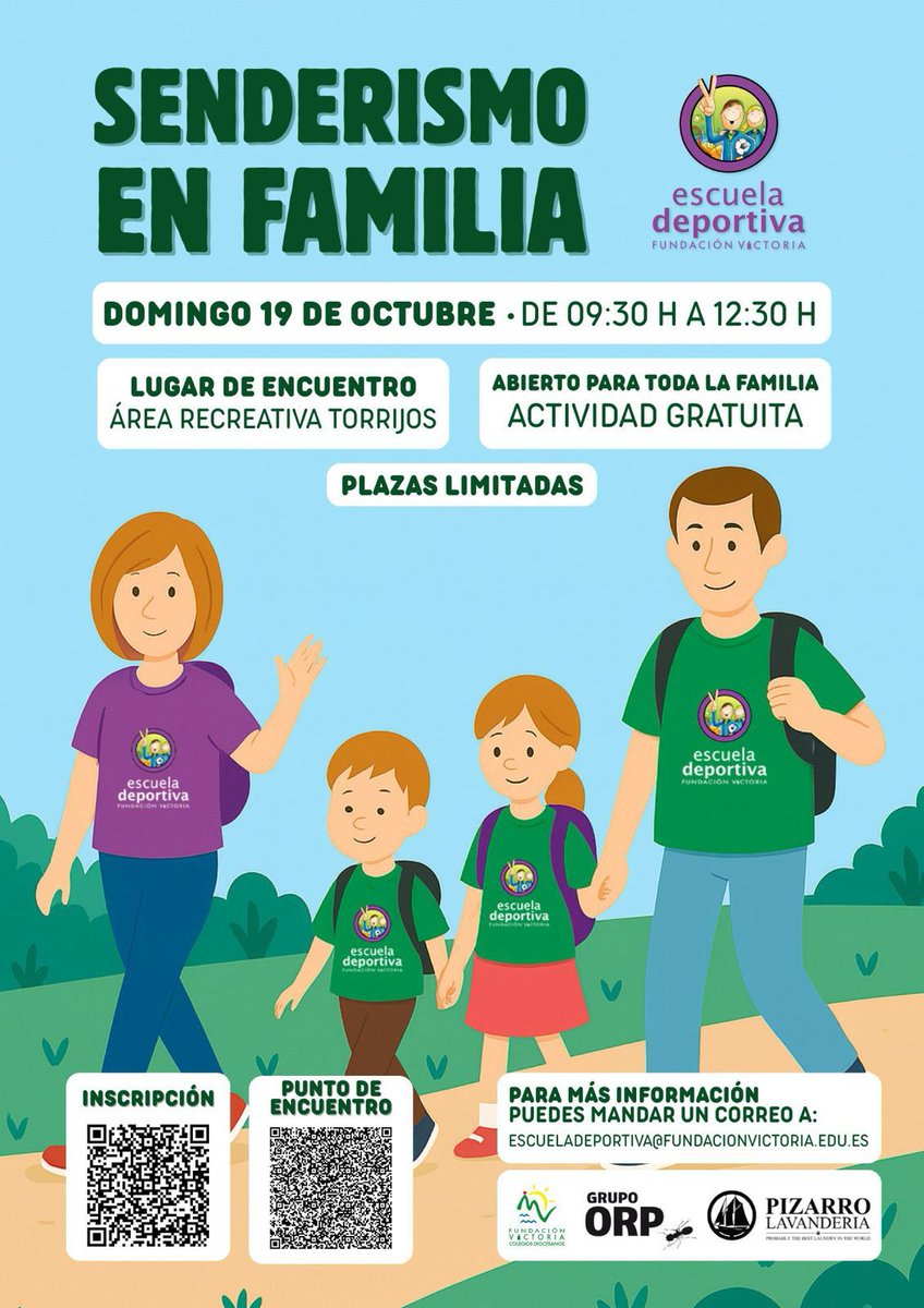 📣 *EVENTO | SENDERISMO EN FAMILIA* 

El próximo *domingo 19 de octubre*, la Escuela Deportiva Fundación Victoria organiza una nueva jornada de *Senderismo en Familia*, dirigida a *toda la comunidad educativa* de Fundación Victoria.

📍 Montes de Málaga – Área Recreativa