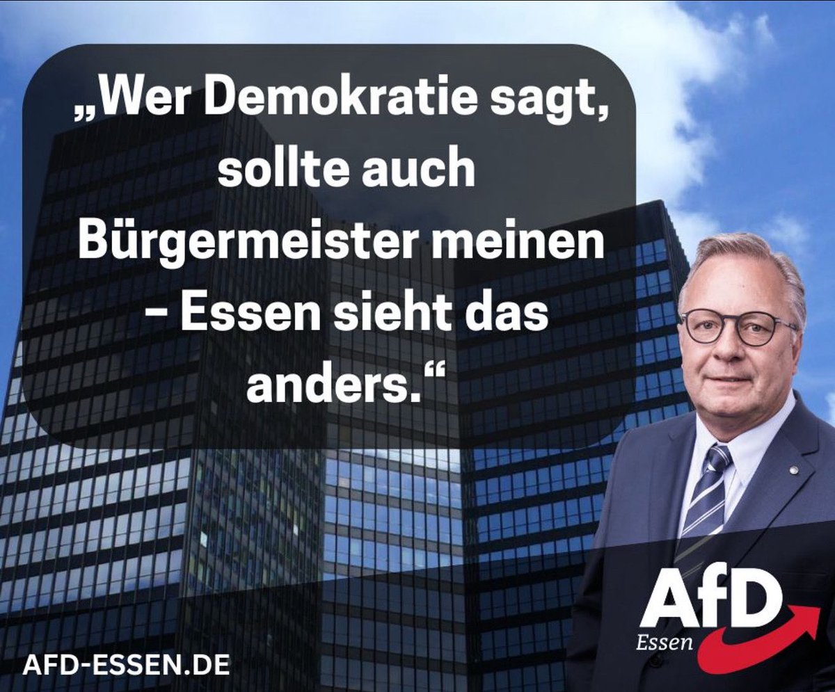 afd_essen's tweet photo. Bürgermeisterbesetzung – Demokratie wird passend gemacht

Bei der neuen Zusammensetzung des Essener Stadtrates war es immer üblich, dass es für die drei stärksten Fraktionen jeweils einen ehrenamtlichen Bürgermeister gab. Diesmal könnte es nur zwei ehrenamtliche Bürgermeister geben, denn die AfD soll dabei leer ausgehen, so wollen es wohl die anderen Parteien.
Die AfD durch gemeinsame Anstrengungen möglichst von allen Posten im neuen Rat fern zu halten, ist offensichtlich ausgemachte Sache. Wenn die bisherigen Regelungen eben nicht ausreichen, wird das demokratische System passend gemacht. Die AfD hat bei der Kommunalwahl 17 % errungen darunter sieben Direktmandate, die SPD hat übrigens auch nur sieben.
Somit hat ein großer Teil der Essener Wähler der AfD das Vertrauen ausgesprochen und demnach ist es nur folgerichtig, dass die Partei entsprechend ihrer Größe in allen Bereichen der kommunalen Vertretung beteiligt wird. Eine absichtliche Benachteiligung gewählter Parteien und die in dem Zusammenhang stehende gezielte Änderung bestehender Regelungen ist nicht im Sinne unserer Demokratie.