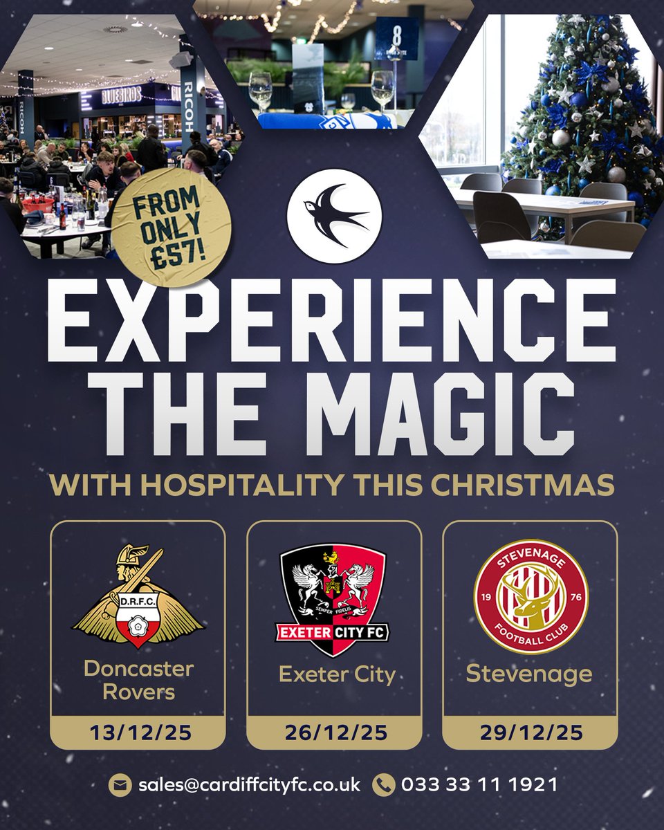 Hospitality bookings for our festive fixtures at CCS are now on sale! 🎄

Get together with friends or colleagues in our <a href="/MorgansConsult/">Morgans Consult</a> Legends Lounge, <a href="/RICOHWALES/">RICOH WALES 🏴󠁧󠁢󠁷󠁬󠁳󠁿</a> Diamond Suite or <a href="/Cymru/">Wales 🏴󠁧󠁢󠁷󠁬󠁳󠁿</a> Lounge, from £57 per person!

📧 sales@cardiffcityfc.co.uk
📞 033 33 11 1921
 
#CityAsOne