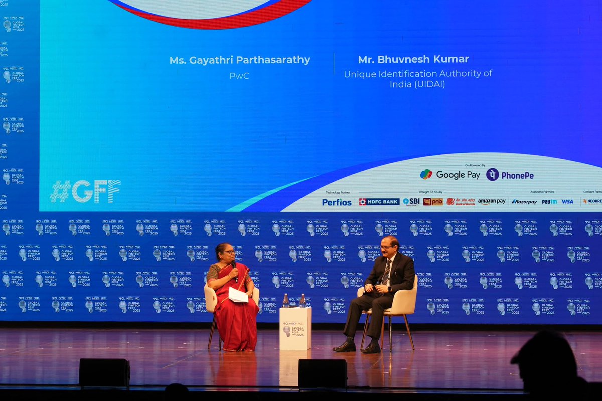 UIDAI's tweet image. The session ‘Bridging Identity & Innovation: UIDAI’s Role in the Age of AI & Fintech’ at #GFF2025 highlighted how Aadhaar continues to anchor trust, inclusion, and innovation in India’s digital ecosystem.
#Aadhaar #GFF #GlobalFintechFest