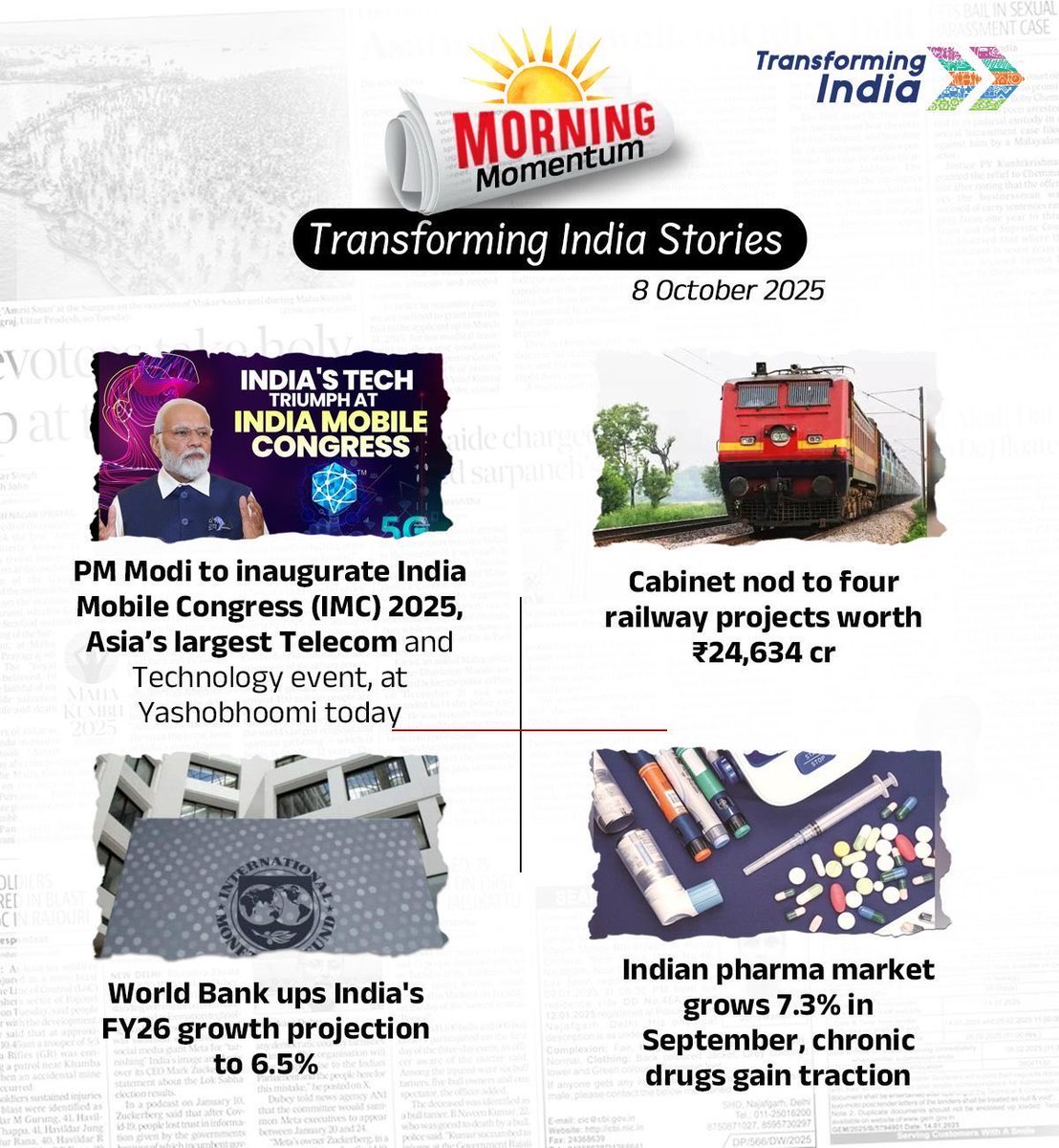 VairagiUvaaCH's tweet image. Start Strong. Dream Big. Win the Day. #PositiveMomentum 

📈India’s FY26 growth pegged at 6.5%

🚆₹24,634 cr boost for 4 rail projects

📱PM Modi to open IMC 2025 today

💊Pharma market rises 7.3% in Sept

#railprojects #PMModi #Pharma