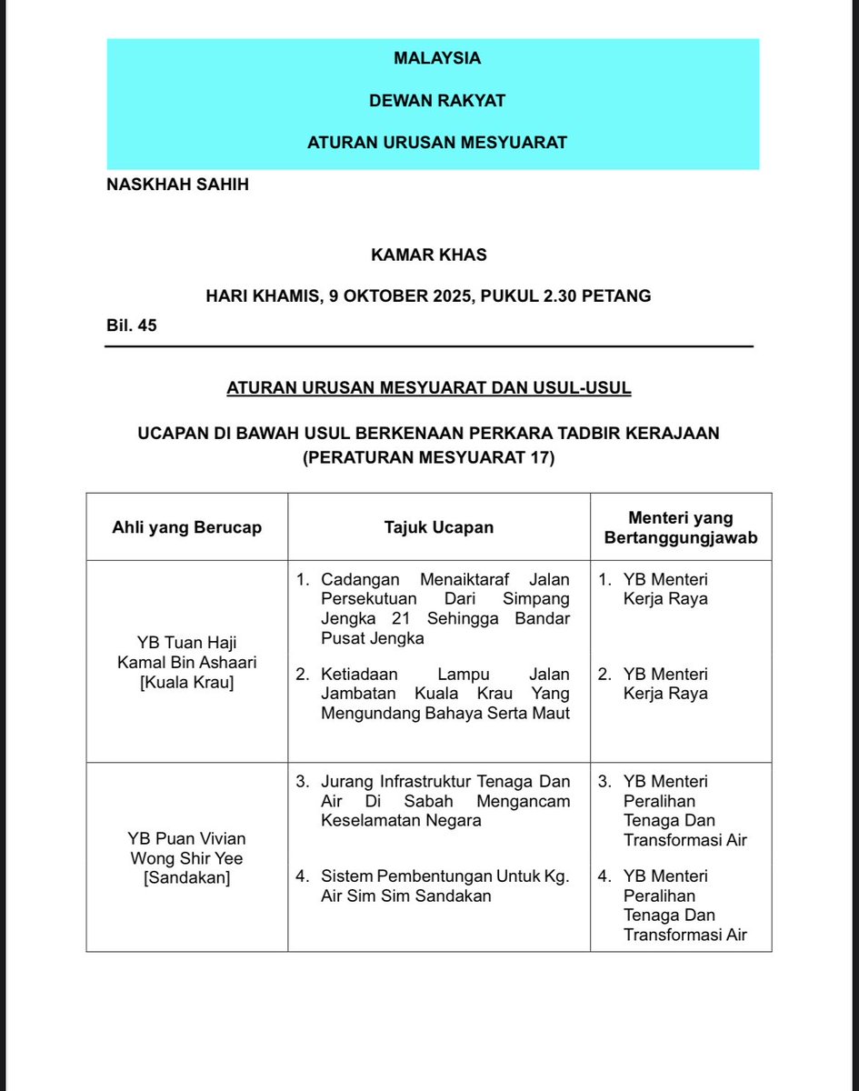 Parlimen Malaysia (@myparlimen) on Twitter photo Aturan Urusan Mesyuarat Waktu Pertanyaan-Pertanyaan Menteri Dan Usul-Usul Dewan Rakyat & Kamar Khas, Khamis 9 Oktober 2025.
Sila klik pautan dibawah utk paparan penuh.
parlimen.gov.my/senarai-aum.ht…
Bahagian Komunikasi Korporat
Parlimen Malaysia Aturan Urusan Mesyuarat Waktu Pertanyaan-Pertanyaan Menteri Dan Usul-Usul Dewan Rakyat & Kamar Khas, Khamis 9 Oktober 2025.
Sila klik pautan dibawah utk paparan penuh.
parlimen.gov.my/senarai-aum.ht…
Bahagian Komunikasi Korporat
Parlimen Malaysia