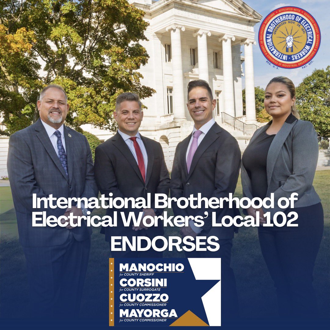 🚨 IBEW Local 102 Endorses Manochio, Corsini, Cuozzo &amp; Mayorga for Somerset County

Honored to have the endorsement of IBEW Local 102. Their commitment to quality craftsmanship and safety for 125 years greatly benefits Somerset County. Proud to stand with our local union members.
