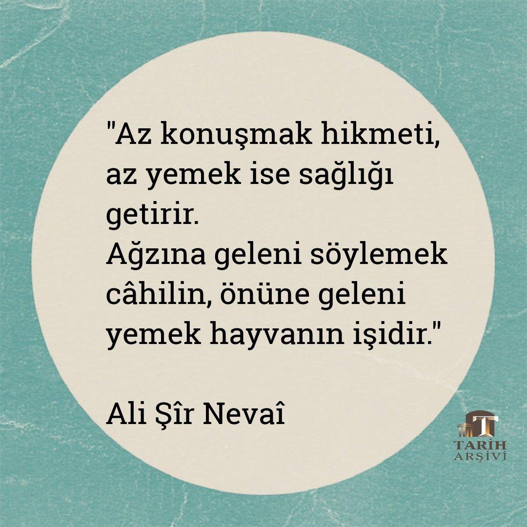 "Az konuşmak hikmeti, az yemek ise sağlığı getirir.
Ağzına geleni söylemek câhilin, 
önüne geleni yemek hayvanın işidir."

Ali Şîr Nevaî