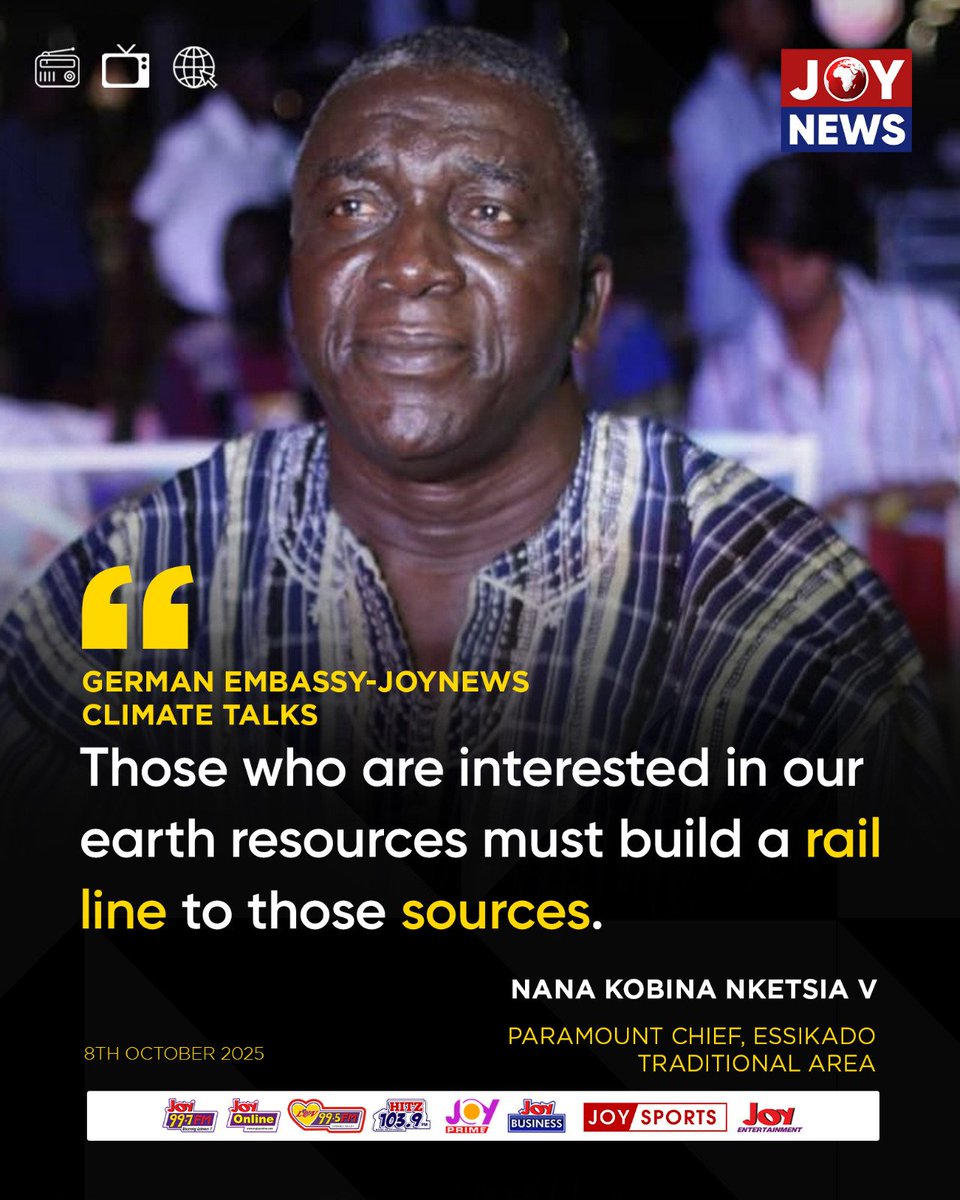 Joy997FM's tweet image. Those who are interested in our earth resources must build a rail line to those sources - Nana Kobina Nketsia V, Paramount Chief, Essikado Traditional Area

Follow our WhatsApp channel for all the breaking stories: tinyurl.com/JoyNews-WhatsA…

#ClimateTalks