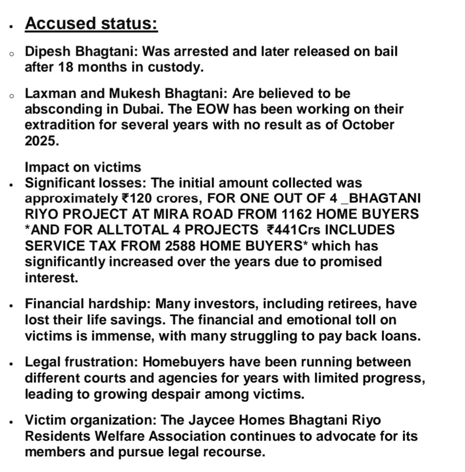 Bhagtani_JVPD's tweet photo. @BhagtaniVictims EOW investigating into the fraudulent activities of Bhagtani Builders under JVPD Properties  Jaycee Homes  case is the Bhagtani Riyo project Mira Road was never constructed no land  collected over ₹120 crores Next hearing of case is 30/10/2025 at Sessions Court https://t.co/BAZohLTumI