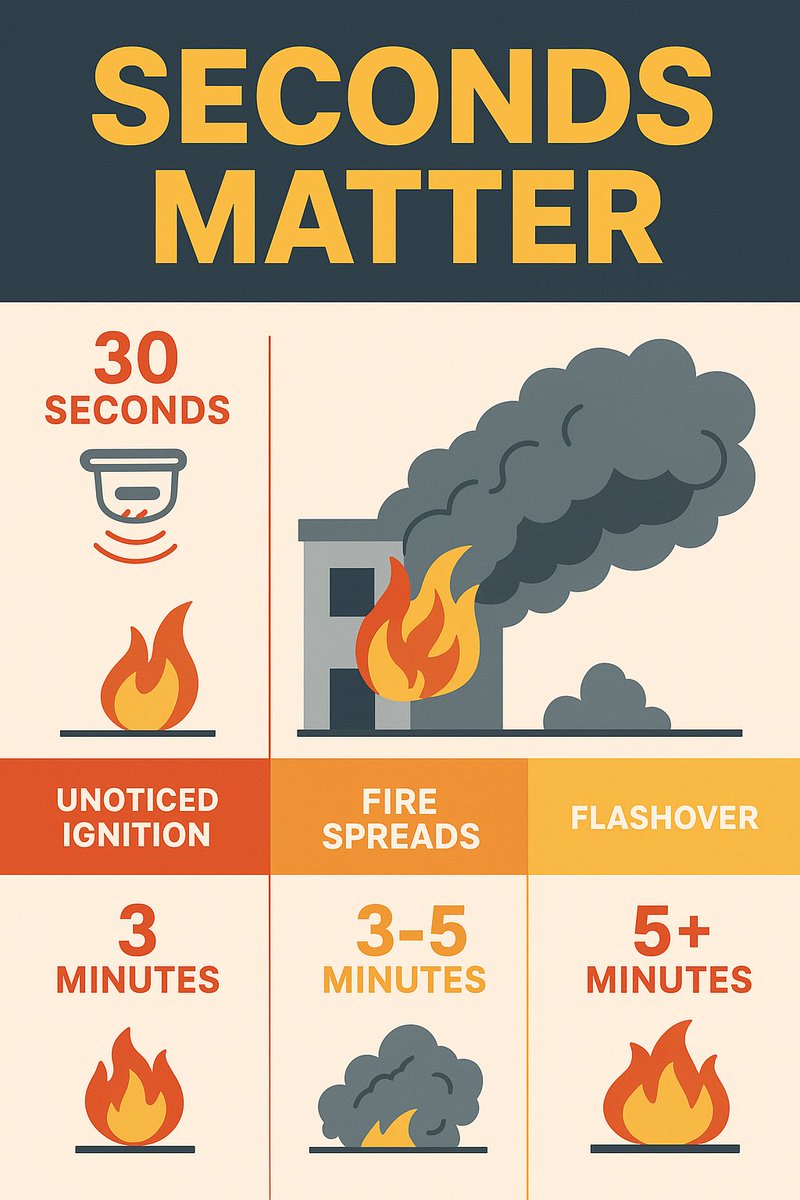 RDiSolutionsLLC's tweet photo. ⏱️ Fire moves fast.
30s – Ignites
1m – Spreads
2m – Smoke/toxins
3–5m – Flashover
5m+ – Structure lost
Safety &amp; FSQA teams: seconds decide survival. Detection + suppression save lives + uptime.
👉 https://t.co/n0QomxGX5M https://t.co/HYD9Igq0T2