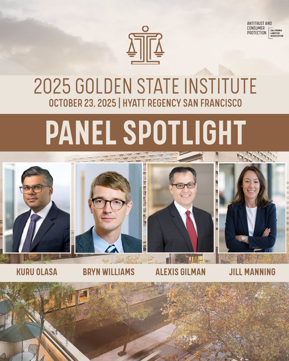 CLAAntitrust's tweet image. Join us for our panels at the 35th Annual Golden State Institute

Featuring: Golden Market Power at the Market – The Kroger/Albertsons Merger Trial Up Close

🗓 Thursday, Oct 23 | 11:00 AM – 12:00 PM
💼 Earn 1 MCLE Credit

Register: calawyers.org/event/35th-ann…