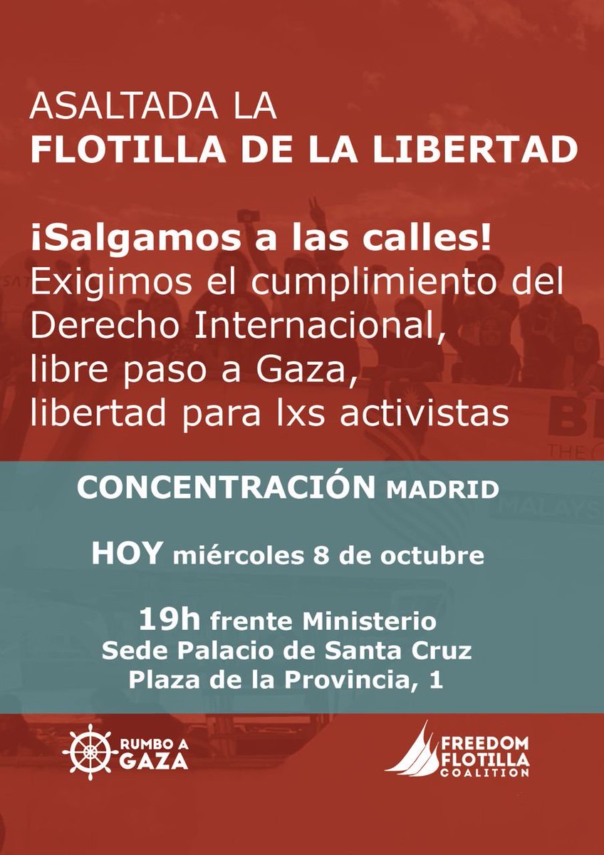 🔴 Nos unimos a la convocatoria de <a href="/rumboagaza/">Rumbo a Gaza</a> frente al Ministerio de Exteriores.

🇵🇸✊  Libertad para la flotilla y para el pueblo palestino.