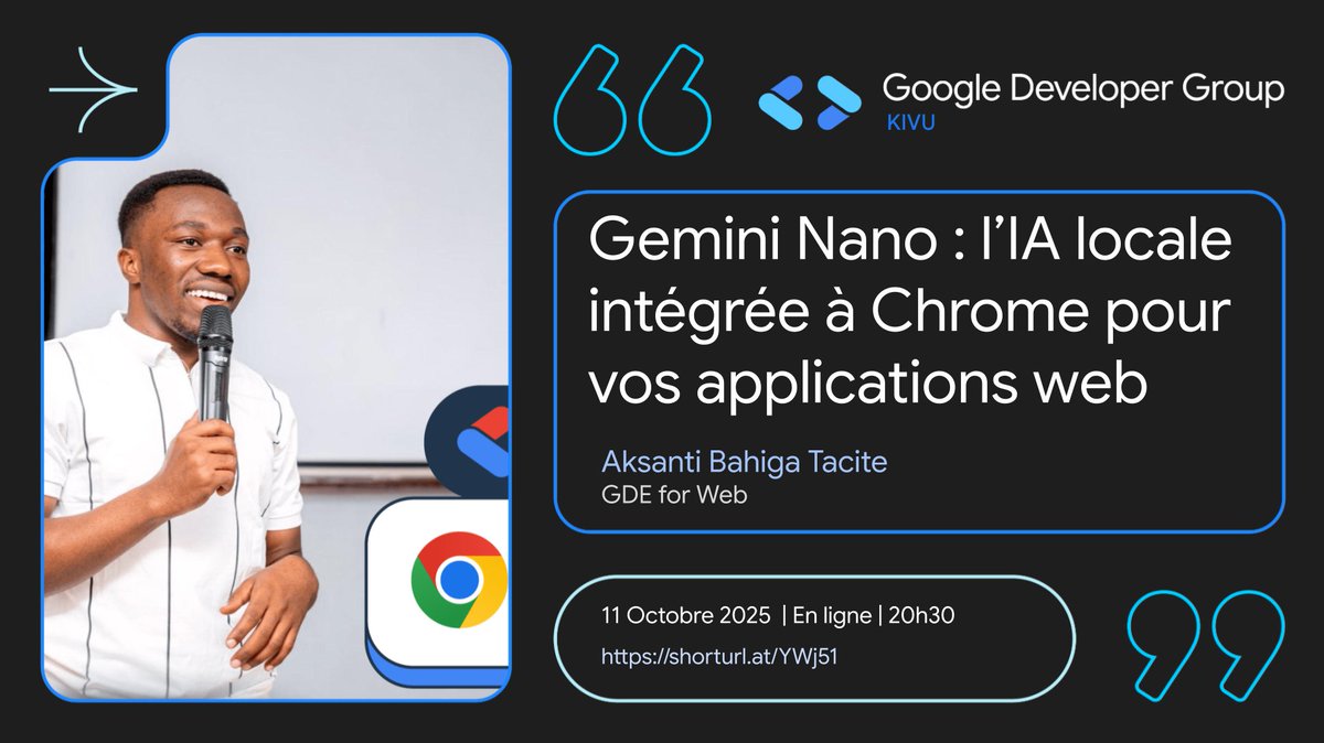 Ce samedi, <a href="/BahigaTacite/">Aksanti Bahiga Tacite</a> , <a href="/GoogleDevExpert/">@GoogleDevExpert</a>  Web, présentera le Built-in AI de Chrome avec Gemini Nano.
Découvrez comment l’IA fonctionne localement et hors ligne dans vos applications web.
Lien : shorturl.at/YWj51
#DevFestKivu2025 #GDGKivu #ChromeAI #GeminiNano #WebDev