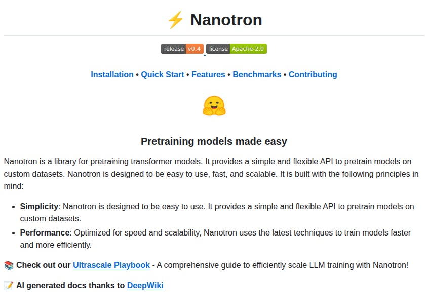 pythonym's tweet image. 🔥 Nanotron
It is a library for pretraining transformer models. It provides a simple and flexible API to pretrain models on custom datasets. It is designed to be easy to use, fast, and scalable.