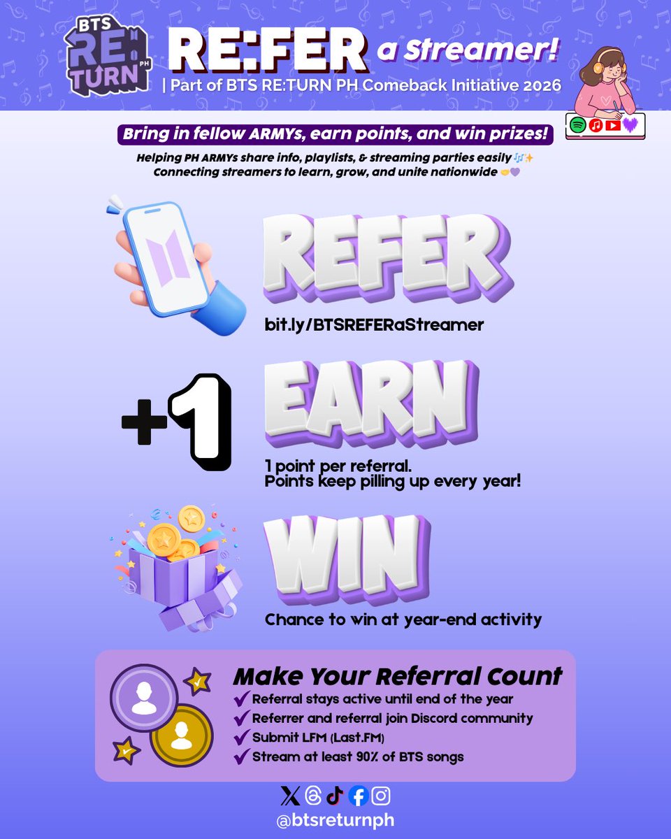 🔁 RE:FER A STREAMER!
Know a PH ARMY streaming nonstop for BTS? 👀
Tag or send them our way—let’s spotlight streamers fueling the comeback! 💜

📝 RE:FER form 👉 bit.ly/BTSREFERaStrea…
🌐 Learn more at btsreturnph.com/s-projects-sid…

#BTSRE_TURNPH #BTSReFer #PHARMYsUnite