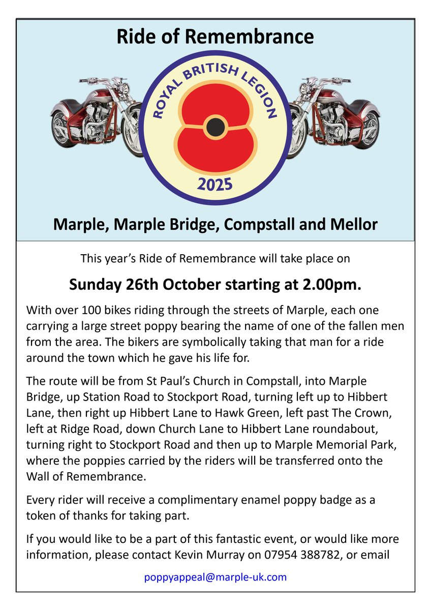 Ride of Remembrance | Marple Poppy Appeal: marple.website/poppy-appeal Thanks to Kevin's new ideas and the generosity of the Marple Community Marple Poppy Appeal has raised more than £165,500 for the Royal British Legion since 2017!