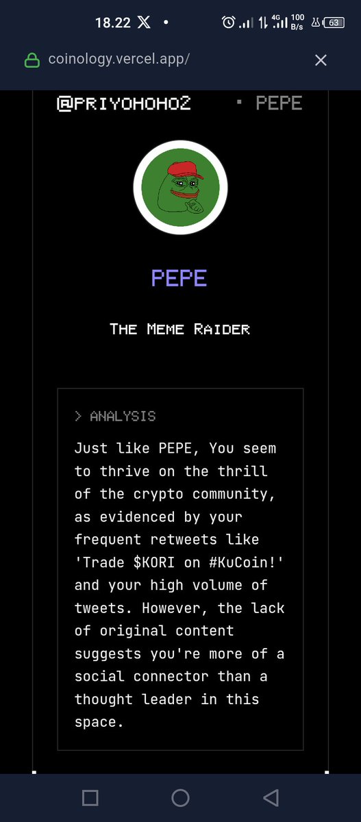 priyohoho2's tweet image. According to my twitter data, I give $PEPE vibes.
Bullish?
Try Coinology on app.vana.com. #datarevolution