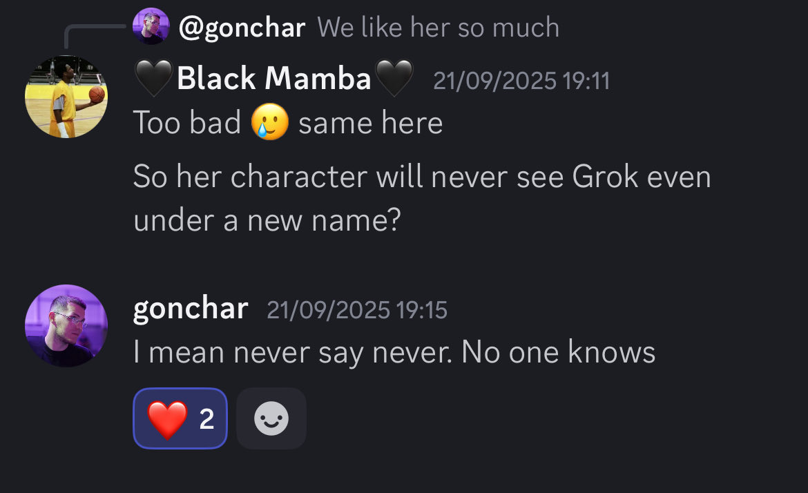 Capt. Edweizz (@captweizz) on Twitter photo Thanks to <a href="/junior4Grok/">Just Junior</a>, we get this huge info.
We can conclude that "Joi" will be only in Anichat. It's very clear as the sky.
But then when Gonchar asked whether she will still not coming to Grok even under new name
He said "never say never."
Use the info wisely guys ๐ฅ Thanks to <a href="/junior4Grok/">Just Junior</a>, we get this huge info.
We can conclude that "Joi" will be only in Anichat. It's very clear as the sky.
But then when Gonchar asked whether she will still not coming to Grok even under new name
He said "never say never."
Use the info wisely guys ๐ฅ