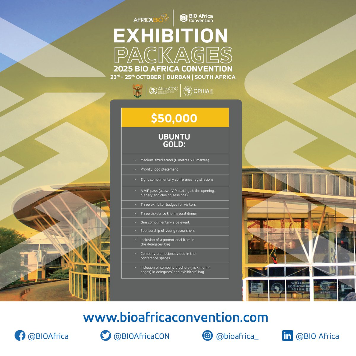 Gain unmatched exposure at BIO Africa Convention &amp; CPHIA 2025. Reserve your exhibition space now and reach a global audience. Apply at bioafricaconvention.com/exhibitions
Need help? contact exhibitions@bioafricaconvention.com
We look forward to showcasing your solutions to a global audience.