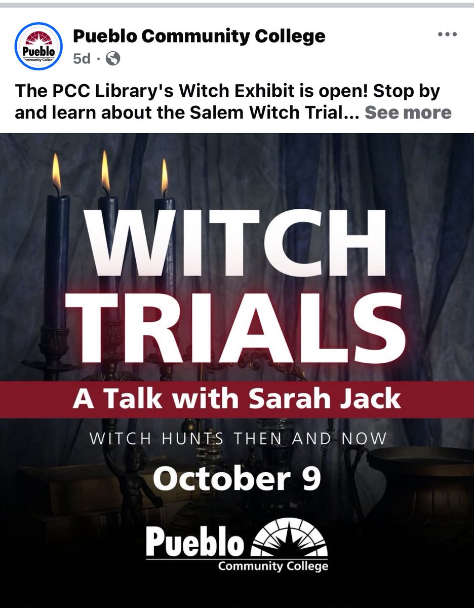 aboutwitchhunts's tweet image. @PCCpueblo  Sarah Jack will be speaking tomorrow at the PCC Library on witch hunts past and present! @_endwitchhunts