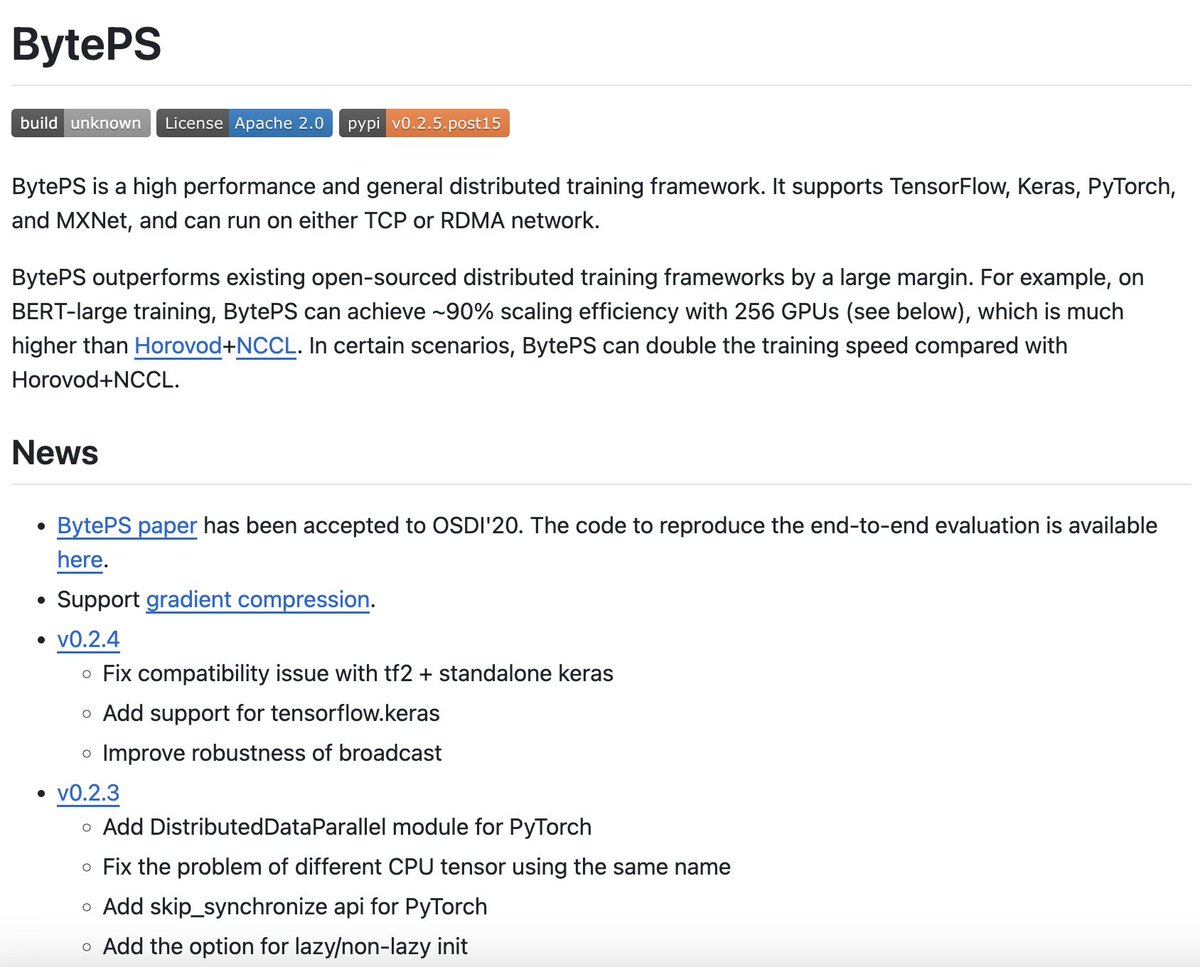 pythonym's tweet image. 🔥 BytePS
- A high-performance and general distributed training framework.
- Supports TensorFlow, Keras, PyTorch, and MXNet.
- Runs on TCP or RDMA network.
- It outperforms existing open-sourced distributed training frameworks by a large margin