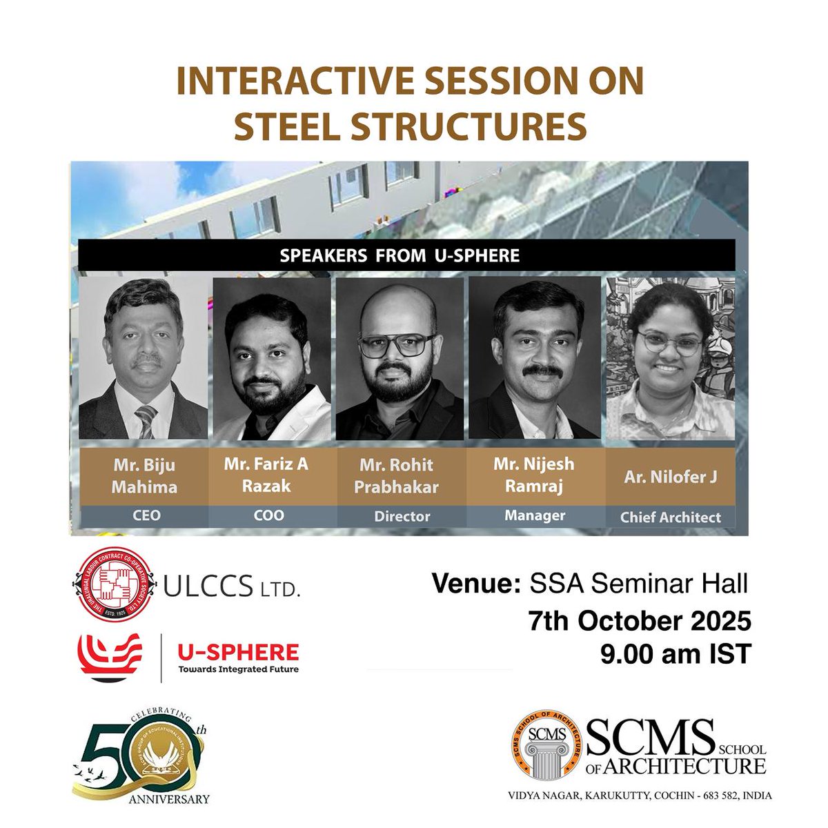 usphereofficial's tweet image. An inspiring day at SCMS School of Architecture (SSA)!
U-SPHERE’s experts had an amazing time interacting with the bright young minds of the 3rd-year architecture students during an Interactive Session on Steel Structures.
#FutureArchitects #SteelStructures #FutureOfConstruction