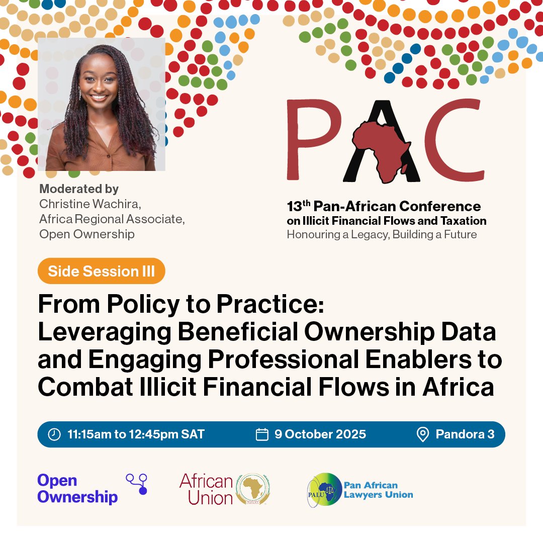 OpenOwnership's tweet image. Are you at the 13th Pan-African Conference on IFFs and Taxation in Jo&apos;burg?

Join our session with @LawyersofAfrica &amp;amp; @_AfricanUnion - we&apos;re delving into leveraging #BeneficialOwnership data &amp;amp; engaging professional enablers to combat #IFFs in #Africa

#PAC2025 @TaxJusticeAfric