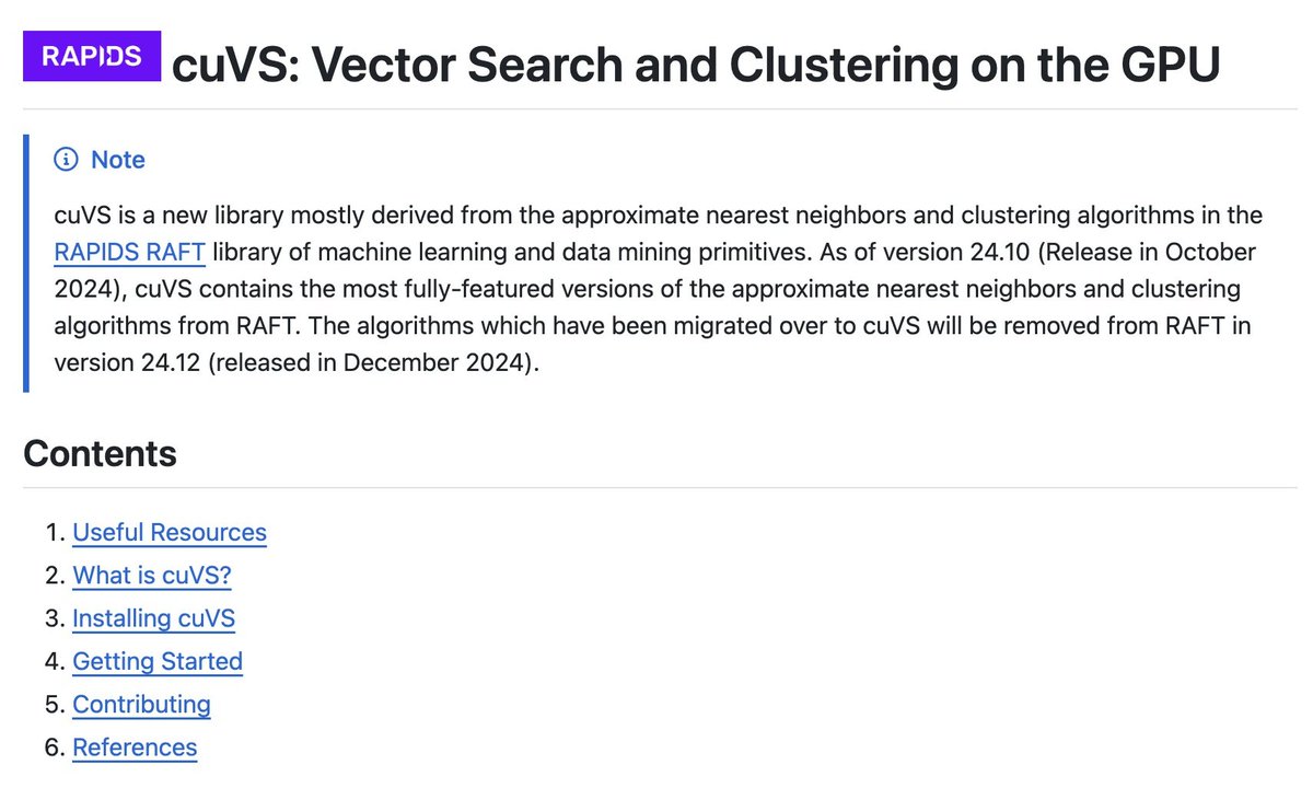 pythonym's tweet image. 🔥 cuVs
All vector databases use algorithms implemented by cuVS.
It is a new library mostly derived from the approximate nearest neighbors and clustering algorithms in the RAPIDS RAFT library of machine learning and data mining primitives.
It contains the most fully-featured…
