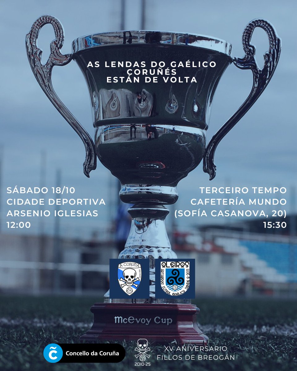 🏡 Fill@s de Breogán vs Ártabr@s 
🗓️ Domingo 18 de outubro 
🕒 12:00 
🏟️ Cidade Deportiva Arsenio Iglesias, Campo 3 
🍻 Cafetería Mundo (Sofía Casanova 20), 15:30 
🏐 Convocatoria: todos os xogadores e xogadoras que algunha vez formaron parte deste club
